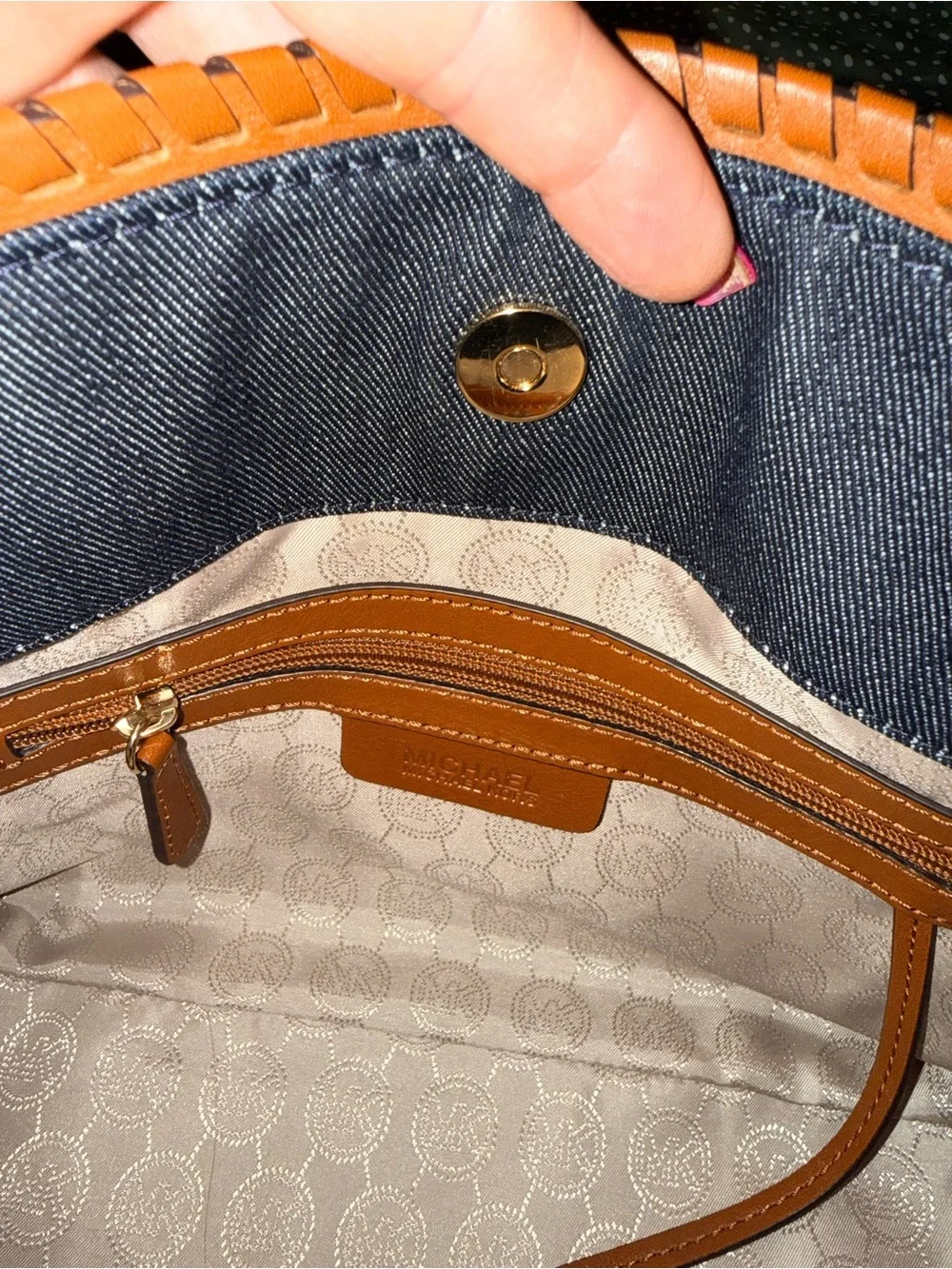 Michael Kors Navy Denim Satchel with Brown Leather Trim & Gold Hardware